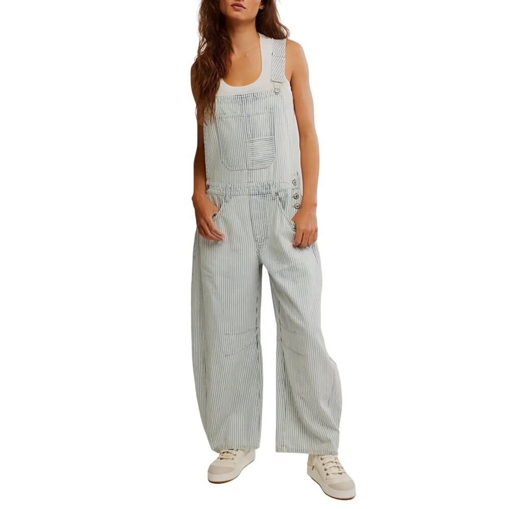 Free People We The Free Good Luck Striped Barrel Overalls Large